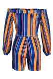 Tibetan Blue Casual Striped Print Patchwork Off the Shoulder Long Sleeve Two Pieces