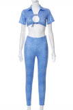 Blue Fashion Sexy Print Hollowed Out Patchwork Turndown Collar Short Sleeve Two Pieces