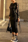 Orange Fashion Sexy Solid Bandage Hollowed Out O Neck Long Sleeve Dresses