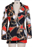 Black Fashion Casual Print Patchwork Turndown Collar Long Sleeve Two Pieces