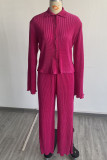 Rose Red Casual Solid Bandage Patchwork Buckle Turndown Collar Long Sleeve Two Pieces