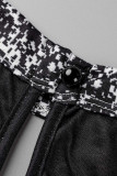 Black Casual Print Hollowed Out Patchwork O Neck Tops