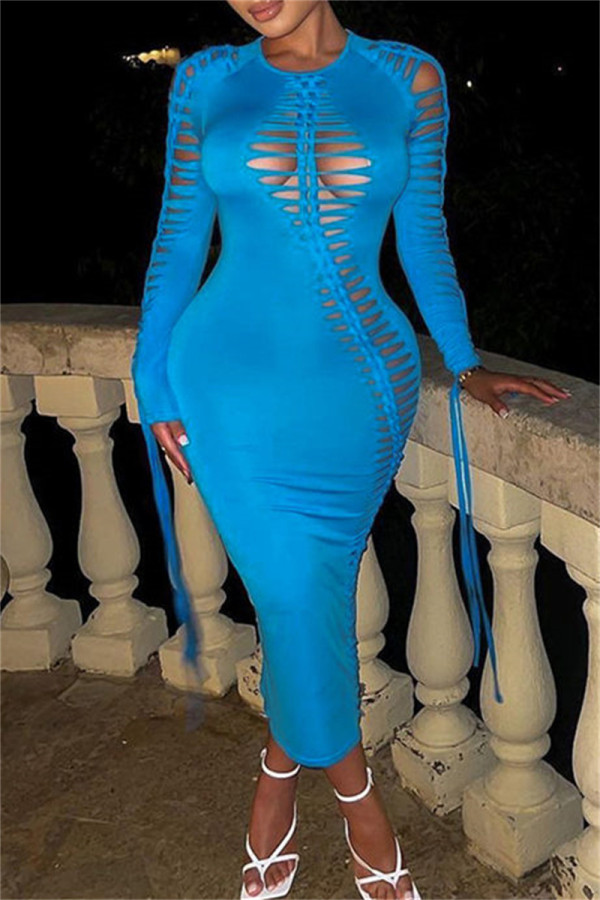 Blue Fashion Sexy Solid Bandage Hollowed Out O Neck Long Sleeve Dresses
