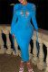 Blue Fashion Sexy Solid Bandage Hollowed Out O Neck Long Sleeve Dresses