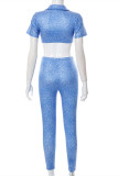 Blue Fashion Sexy Print Hollowed Out Patchwork Turndown Collar Short Sleeve Two Pieces