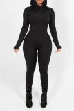 Black Fashion Solid Patchwork Hooded Collar Skinny Jumpsuits