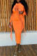 Orange Fashion Sexy Solid Bandage Hollowed Out O Neck Long Sleeve Dresses