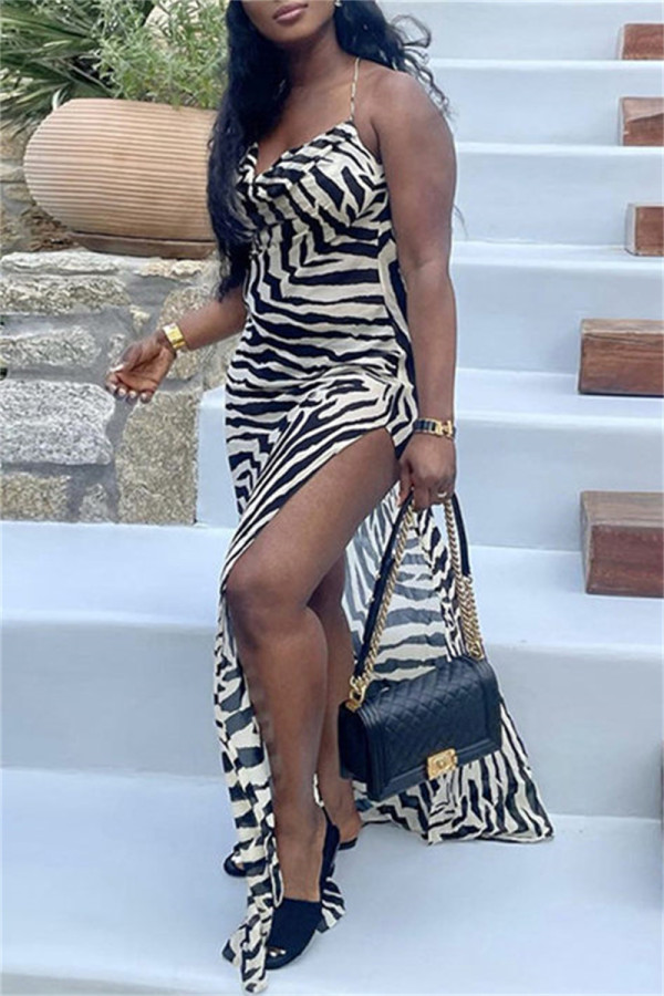 Black Fashion Sexy Print Backless Slit Spaghetti Strap Sleeveless Dress