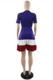 Blue Red Fashion Casual Solid Patchwork O Neck Short Sleeve Dress