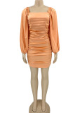 Orange Sexy Solid Patchwork Backless Fold Square Collar Evening Dress Dresses
