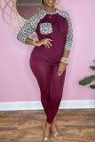 Red Fashion Leopard Patchwork O Neck Long Sleeve Two Pieces