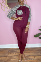 Burgundy Fashion Leopard Patchwork O Neck Long Sleeve Two Pieces