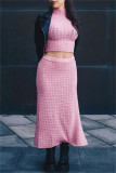 Pink Fashion Casual Solid Patchwork Slit Turtleneck Short Sleeve Two Pieces