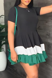 Black Green Fashion Casual Solid Patchwork O Neck Short Sleeve Dress