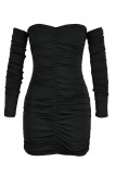 Pink Sexy Solid Patchwork Fold Asymmetrical Off the Shoulder Pencil Skirt Dresses