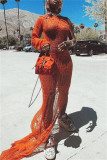 Orange Fashion Sexy Solid Hollowed Out See-through Backless Slit Oblique Collar Long Dress