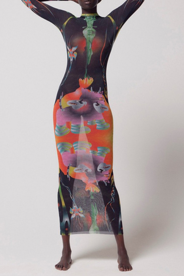 Black Fashion Print Patchwork Mesh O Neck Pencil Skirt Dresses