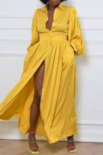 Yellow Casual Elegant Solid Patchwork Buckle Turndown Collar Shirt Dress Dresses