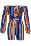 Tibetan Blue Casual Striped Print Patchwork Off the Shoulder Long Sleeve Two Pieces