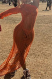 Orange Fashion Sexy Solid Hollowed Out See-through Backless Slit Oblique Collar Long Dress