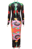 Black Fashion Print Patchwork Mesh O Neck Pencil Skirt Dresses