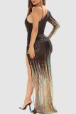 Green Sexy Solid Sequins Patchwork Asymmetrical Collar Evening Dress Dresses