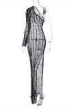 Orange Fashion Sexy Solid Hollowed Out See-through Backless Slit Oblique Collar Long Dress