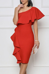 Red Elegant Solid Patchwork Flounce Oblique Collar One Step Skirt Dresses