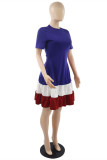 Blue Red Fashion Casual Solid Patchwork O Neck Short Sleeve Dress
