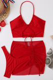 Red Sexy Solid Patchwork Draw String 3 Piece Sets