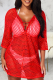 Red Casual Solid See-through Mesh Swimwears Cover Up
