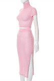 Pink Fashion Casual Solid Patchwork Slit Turtleneck Short Sleeve Two Pieces