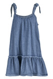 The cowboy blue Casual Sweet Solid Bandage Patchwork Flounce Spaghetti Strap Sleeveless Loose Denim Dresses