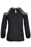 Black Casual Print Hollowed Out Patchwork O Neck Tops