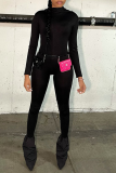 Black Fashion Solid Patchwork Hooded Collar Skinny Jumpsuits