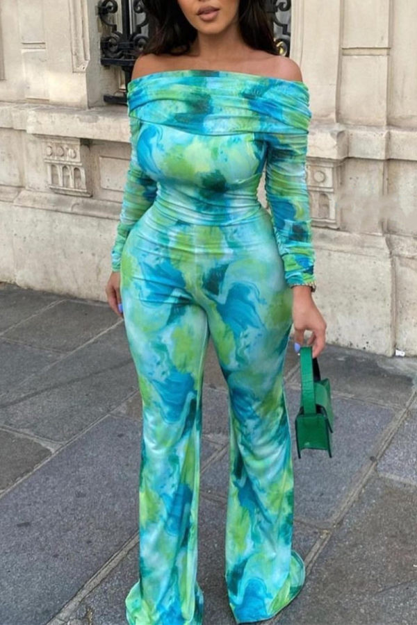 Green Fashion Casual Print Patchwork Off the Shoulder Regular Jumpsuits