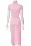 Pink Fashion Casual Solid Patchwork Slit Turtleneck Short Sleeve Two Pieces