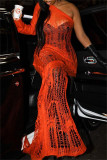 Orange Fashion Sexy Solid Hollowed Out See-through Backless Slit Oblique Collar Long Dress
