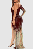 Green Sexy Solid Sequins Patchwork Asymmetrical Collar Evening Dress Dresses