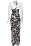 Black Fashion Sexy Print Backless Slit Spaghetti Strap Sleeveless Dress
