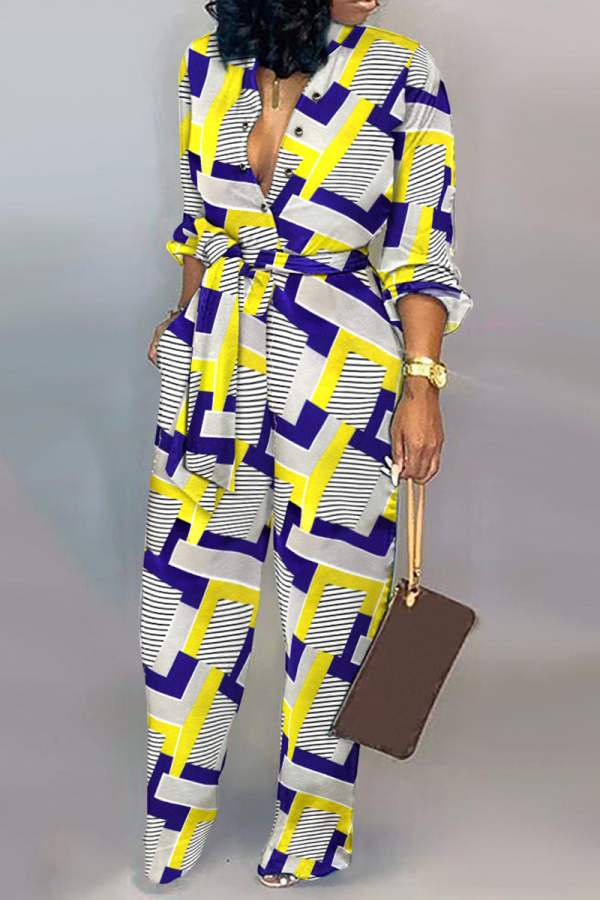 Yellow Casual Print Patchwork Turndown Collar Straight Jumpsuits