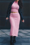 Pink Fashion Casual Solid Patchwork Slit Turtleneck Short Sleeve Two Pieces