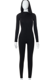 Black Fashion Solid Patchwork Hooded Collar Skinny Jumpsuits