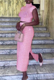 Pink Fashion Casual Solid Patchwork Slit Turtleneck Short Sleeve Two Pieces