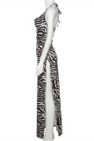 Black Fashion Sexy Print Backless Slit Spaghetti Strap Sleeveless Dress