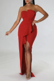 Tangerine Red Sexy Solid Patchwork Asymmetrical Strapless Evening Dress Dresses