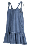 The cowboy blue Casual Sweet Solid Bandage Patchwork Flounce Spaghetti Strap Sleeveless Loose Denim Dresses