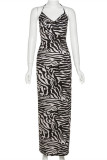 Black Fashion Sexy Print Backless Slit Spaghetti Strap Sleeveless Dress