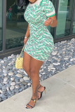 Green Casual Street Print Patchwork Turndown Collar Pencil Skirt Dresses