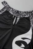 Black Casual Print Hollowed Out Patchwork O Neck Tops